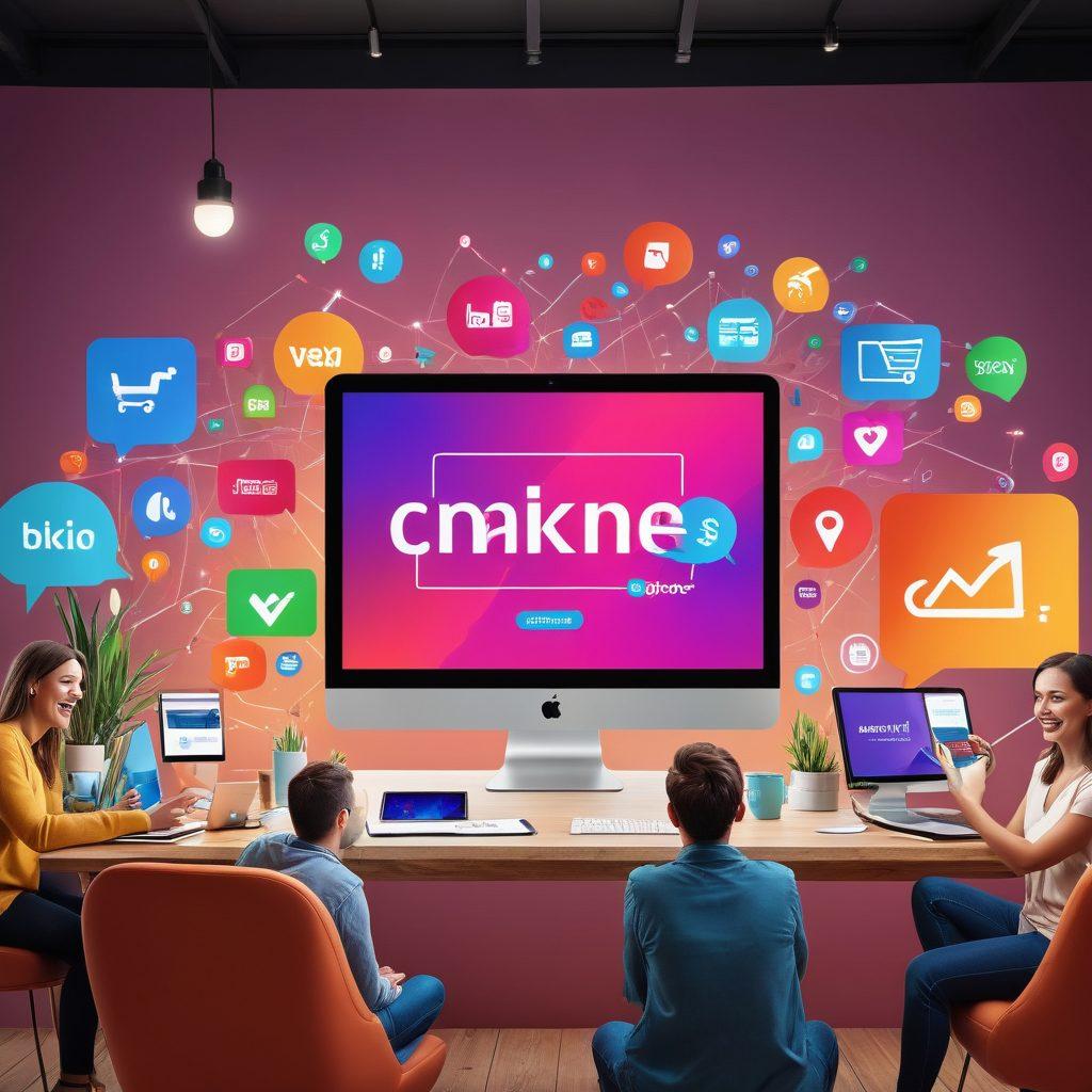 A visually engaging online shopping scene featuring a diverse group of happy customers providing feedback through digital devices, surrounded by colorful product displays and social media icons. Incorporate elements that symbolize growth and improvement, like upward arrows and lightbulbs. Emphasize a friendly, modern aesthetic that reflects an interactive online experience. vibrant colors. super-realistic.