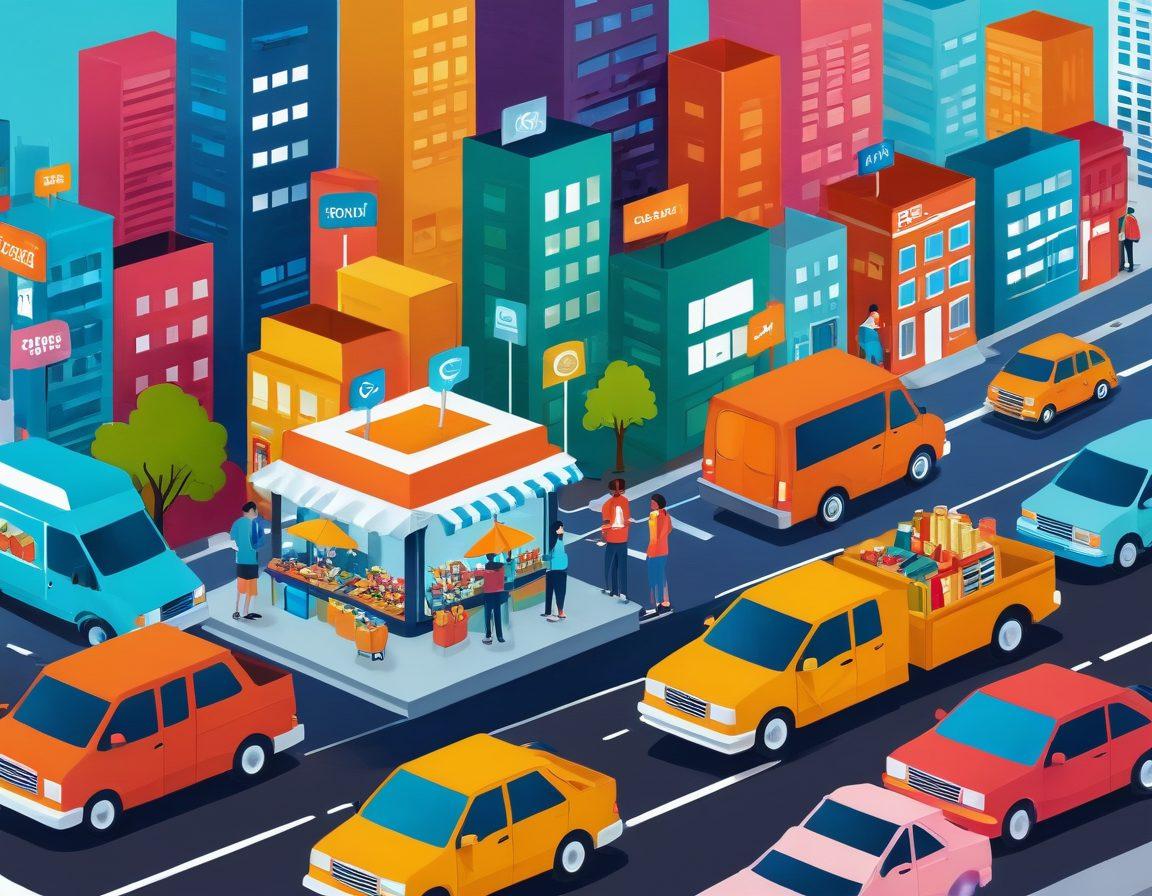 A dynamic scene of a diverse group of people ordering food and groceries online from various devices, with colorful icons representing different e-commerce platforms floating around. In the background, a bustling cityscape with delivery vehicles and happy couriers encourages a sense of convenience and efficiency. The overall atmosphere should convey the smooth transition from food delivery to grocery shopping, highlighting the essence of order management in e-commerce. vibrant colors. flat design. digital illustration.