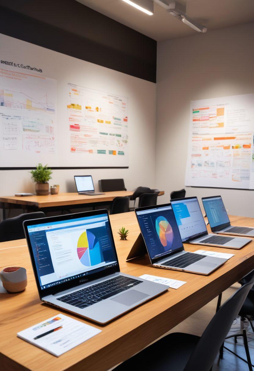 A sleek modern workspace showcasing a diverse team discussing e-commerce strategies around a large table. Laptops, notes, and charts depicting order management systems and consumer feedback forms are scattered across the table. The background features a wall with inspirational e-commerce quotes and vibrant graphics. Warm lighting enhances the collaborative atmosphere. super-realistic. vibrant colors. 3D.